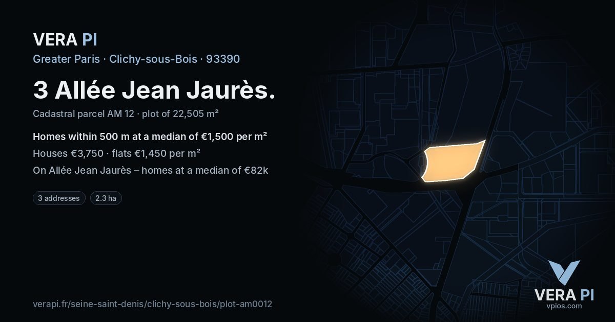 3 Allée Jean Jaurès, Clichy-sous-Bois at night – the plot lit, the parcels around coloured by the prices near them
