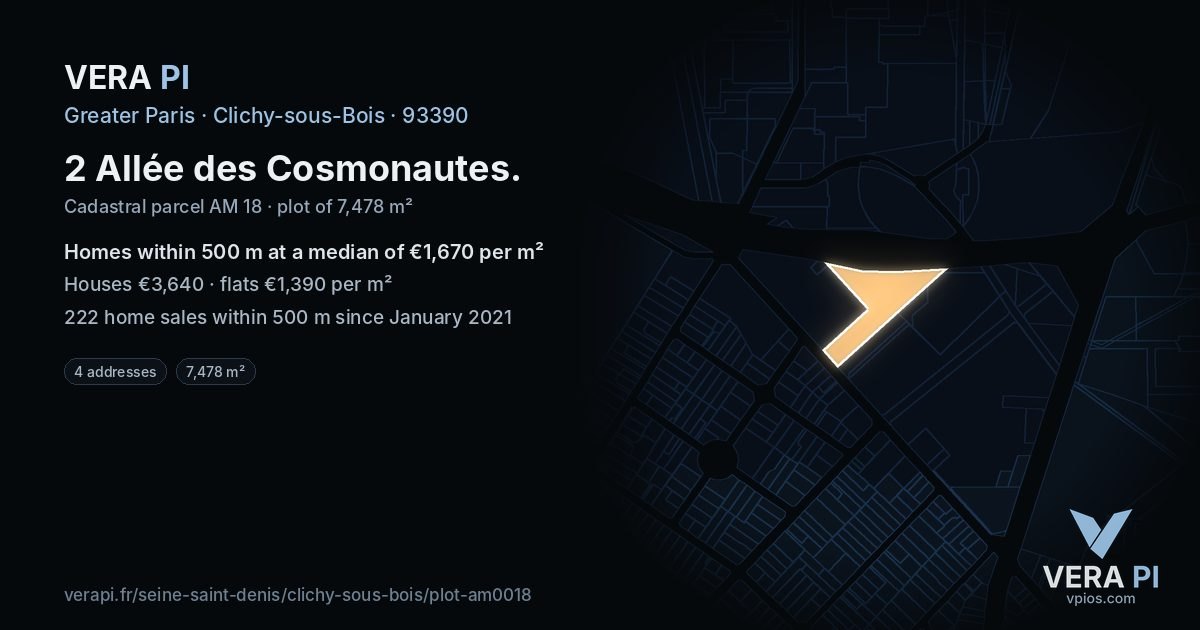 2 Allée des Cosmonautes, Clichy-sous-Bois at night – the plot lit, the parcels around coloured by the prices near them