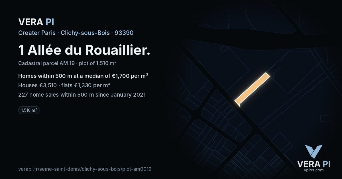 1 Allée du Rouaillier, Clichy-sous-Bois at night – the plot lit, the parcels around coloured by the prices near them