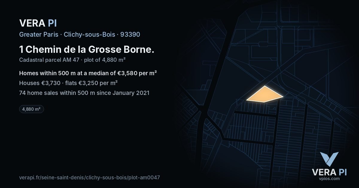 1 Chemin de la Grosse Borne, Clichy-sous-Bois at night – the plot lit, the parcels around coloured by the prices near them