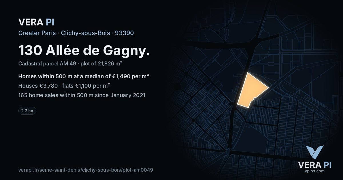 130 Allée de Gagny, Clichy-sous-Bois at night – the plot lit, the parcels around coloured by the prices near them