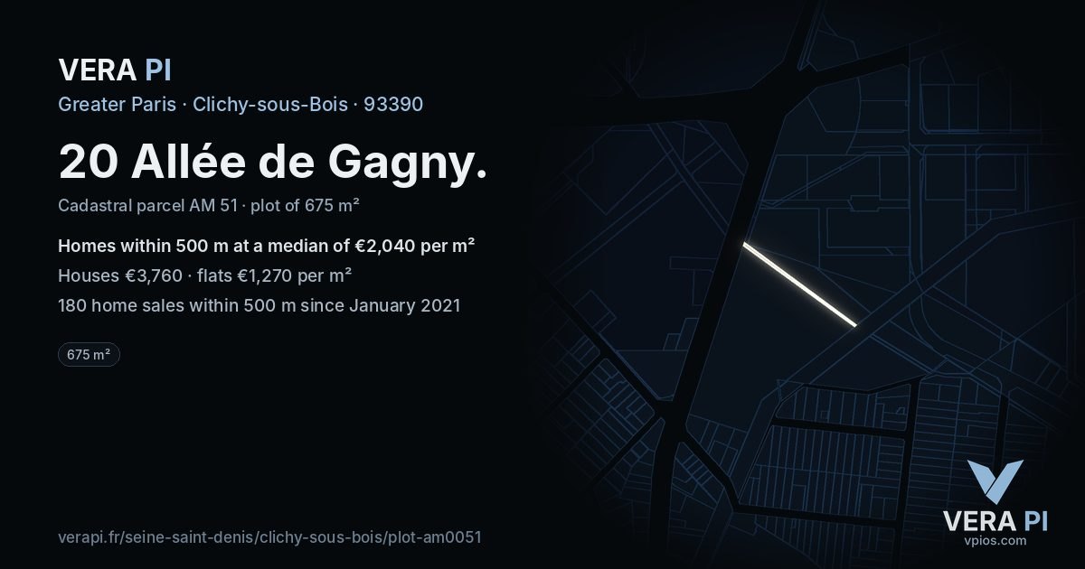 20 Allée de Gagny, Clichy-sous-Bois at night – the plot lit, the parcels around coloured by the prices near them