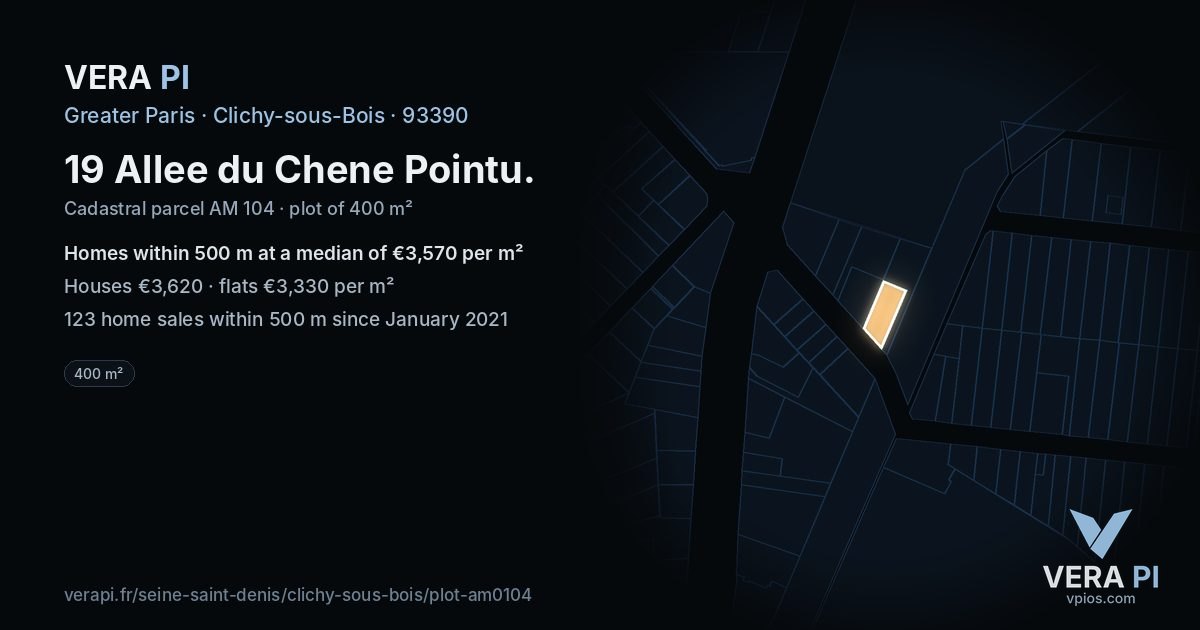 19 Allee du Chene Pointu, Clichy-sous-Bois at night – the plot lit, the parcels around coloured by the prices near them