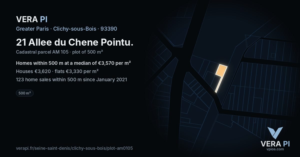 21 Allee du Chene Pointu, Clichy-sous-Bois at night – the plot lit, the parcels around coloured by the prices near them