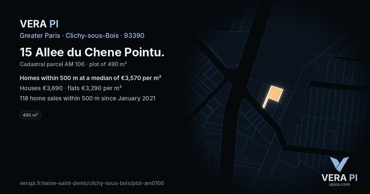 15 Allee du Chene Pointu, Clichy-sous-Bois at night – the plot lit, the parcels around coloured by the prices near them