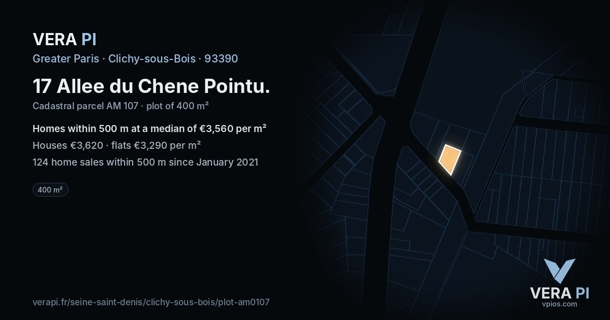 17 Allee du Chene Pointu, Clichy-sous-Bois at night – the plot lit, the parcels around coloured by the prices near them