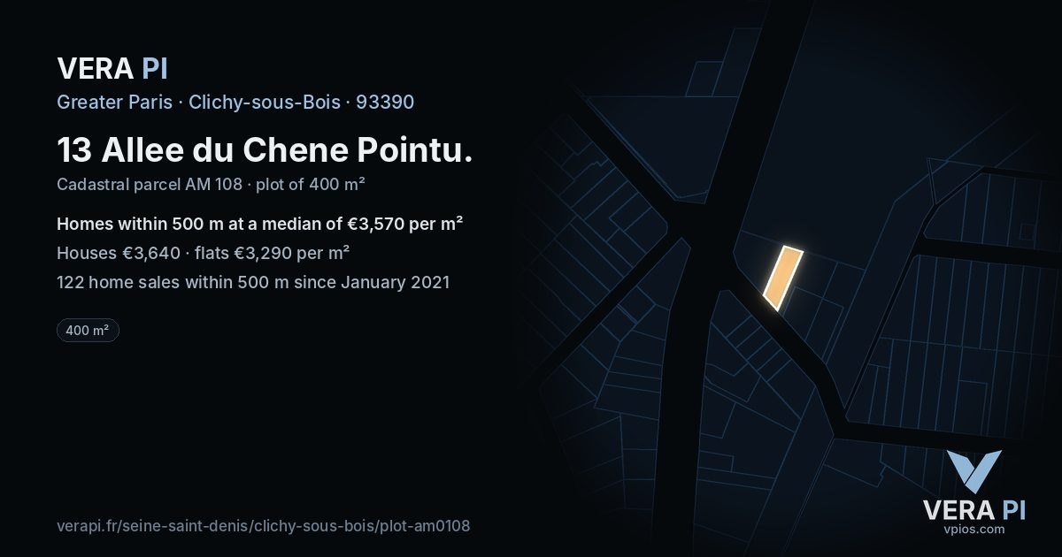 13 Allee du Chene Pointu, Clichy-sous-Bois at night – the plot lit, the parcels around coloured by the prices near them