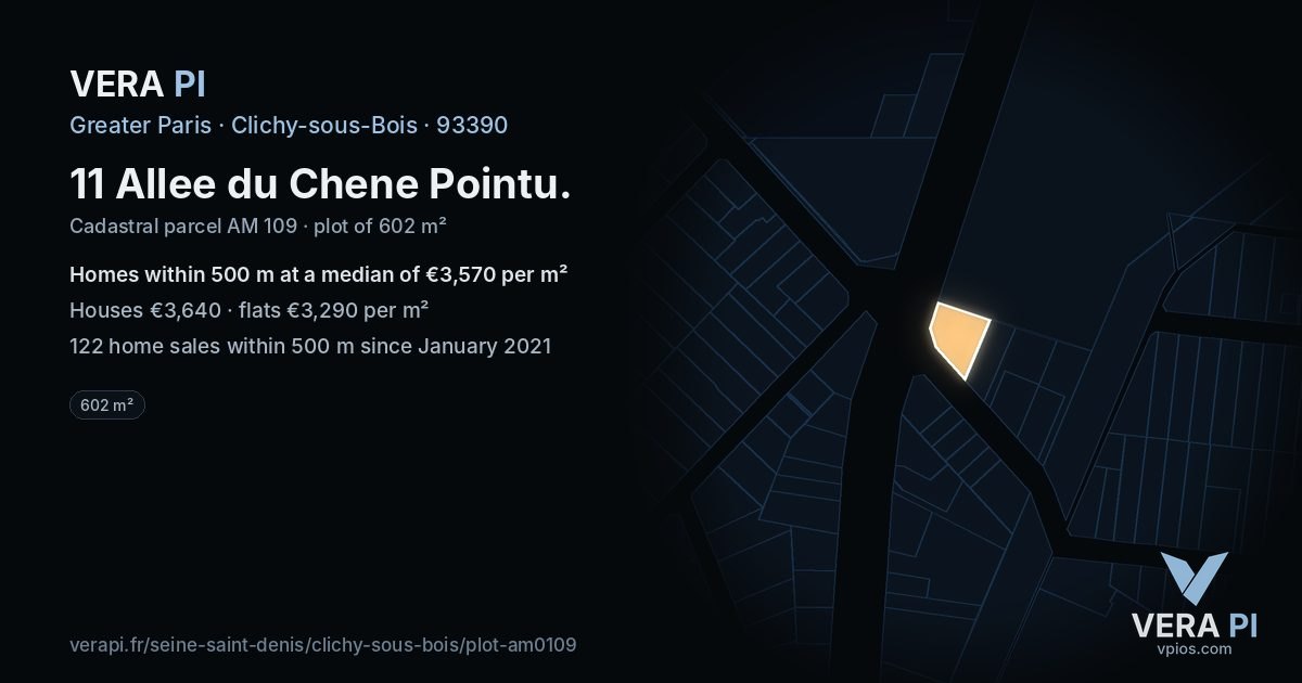 11 Allee du Chene Pointu, Clichy-sous-Bois at night – the plot lit, the parcels around coloured by the prices near them
