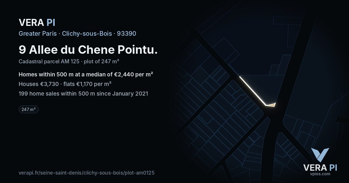 9 Allee du Chene Pointu, Clichy-sous-Bois at night – the plot lit, the parcels around coloured by the prices near them