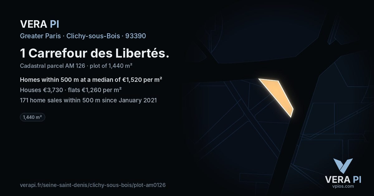 1 Carrefour des Libertés, Clichy-sous-Bois at night – the plot lit, the parcels around coloured by the prices near them
