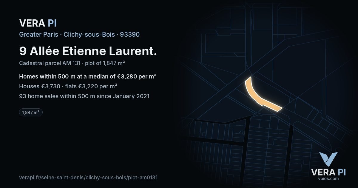 9 Allée Etienne Laurent, Clichy-sous-Bois at night – the plot lit, the parcels around coloured by the prices near them