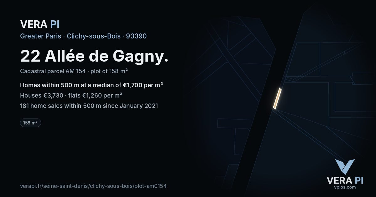22 Allée de Gagny, Clichy-sous-Bois at night – the plot lit, the parcels around coloured by the prices near them