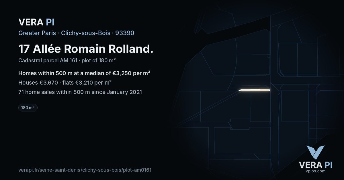 17 Allée Romain Rolland, Clichy-sous-Bois at night – the plot lit, the parcels around coloured by the prices near them