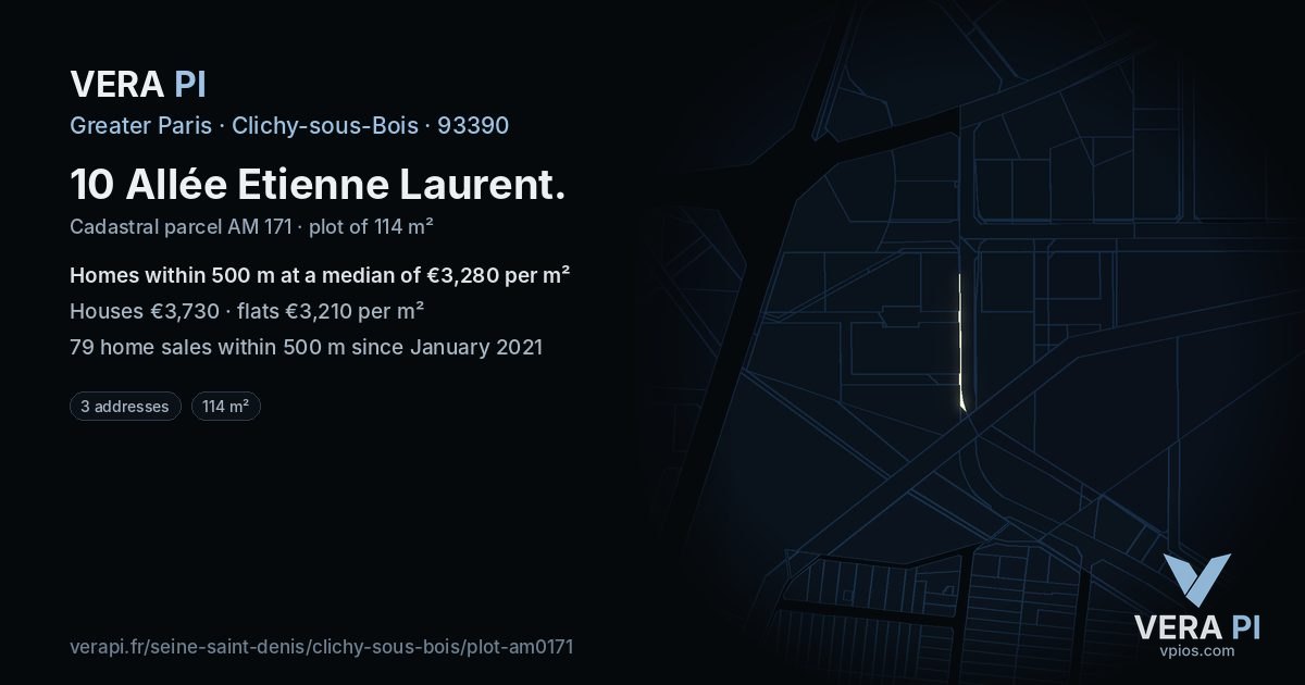 10 Allée Etienne Laurent, Clichy-sous-Bois at night – the plot lit, the parcels around coloured by the prices near them