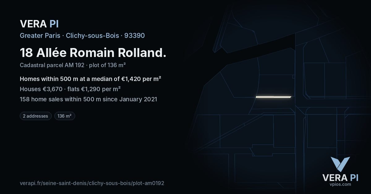 18 Allée Romain Rolland, Clichy-sous-Bois at night – the plot lit, the parcels around coloured by the prices near them