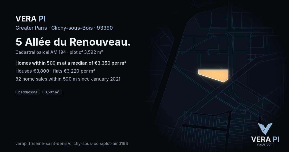 5 Allée du Renouveau, Clichy-sous-Bois at night – the plot lit, the parcels around coloured by the prices near them