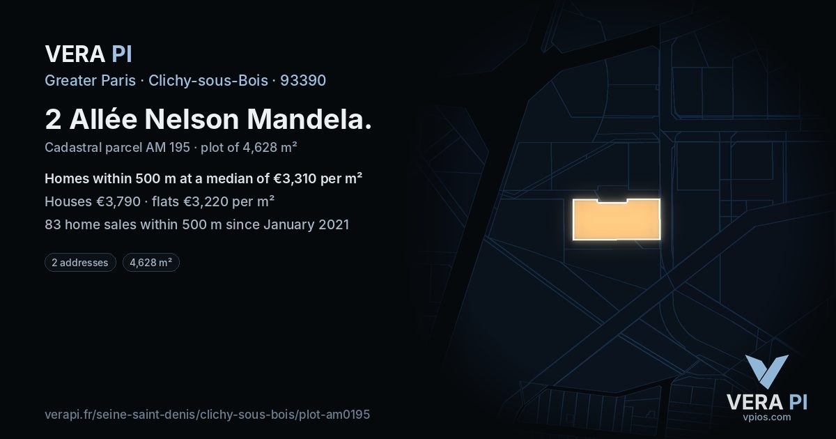 2 Allée Nelson Mandela, Clichy-sous-Bois at night – the plot lit, the parcels around coloured by the prices near them