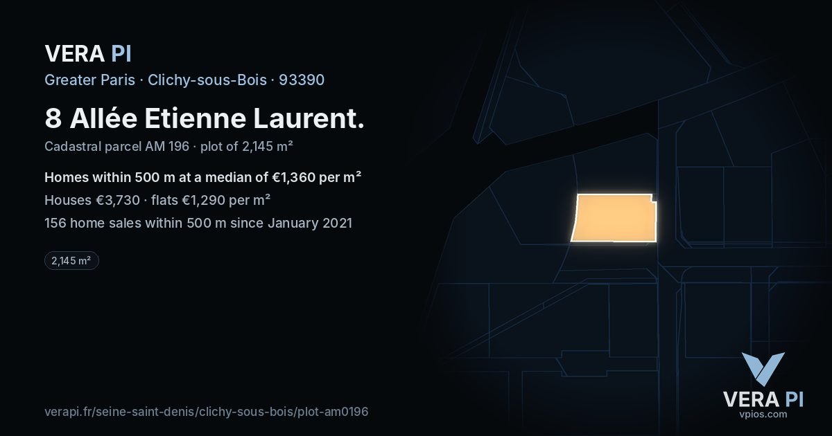 8 Allée Etienne Laurent, Clichy-sous-Bois at night – the plot lit, the parcels around coloured by the prices near them