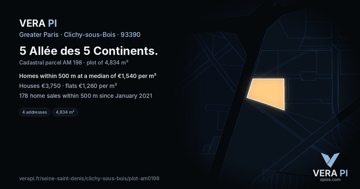 5 Allée des 5 Continents, Clichy-sous-Bois at night – the plot lit, the parcels around coloured by the prices near them