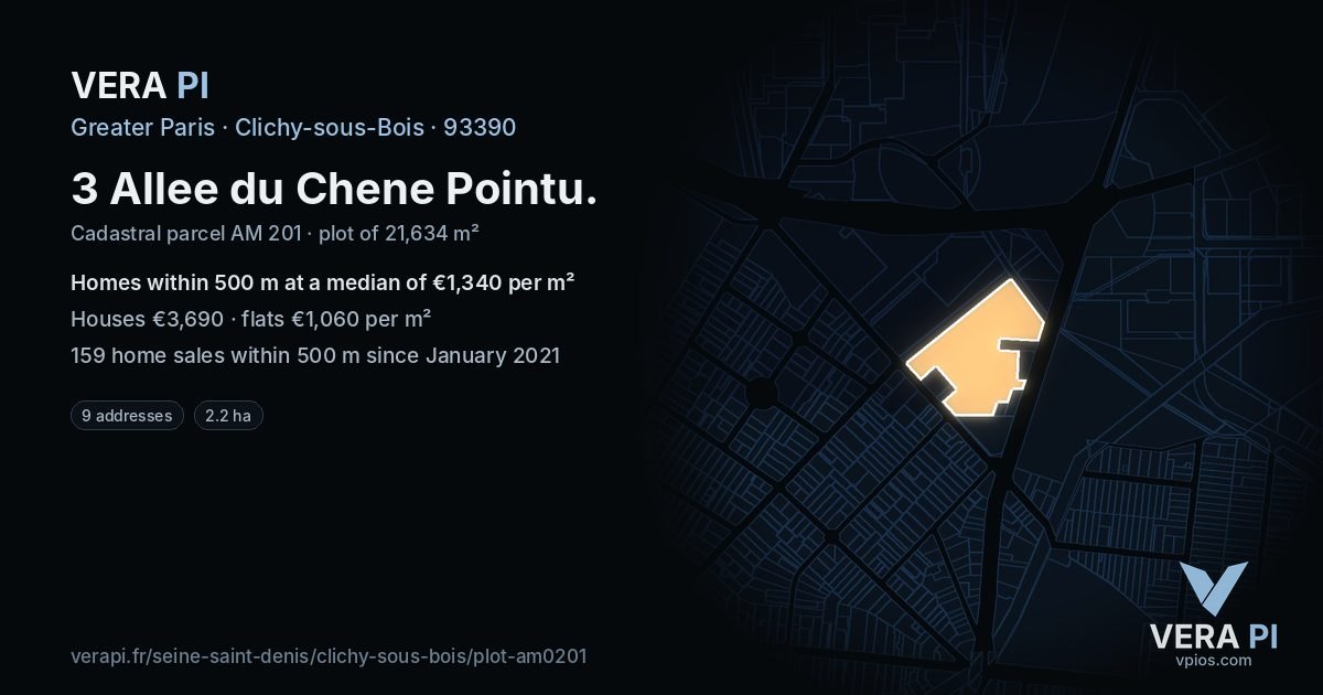 3 Allee du Chene Pointu, Clichy-sous-Bois at night – the plot lit, the parcels around coloured by the prices near them