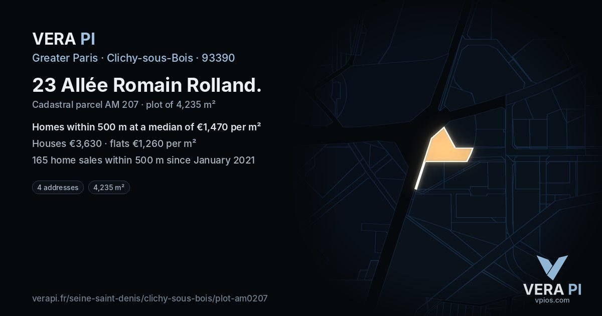23 Allée Romain Rolland, Clichy-sous-Bois at night – the plot lit, the parcels around coloured by the prices near them