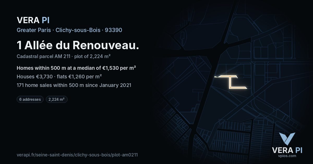 1 Allée du Renouveau, Clichy-sous-Bois at night – the plot lit, the parcels around coloured by the prices near them