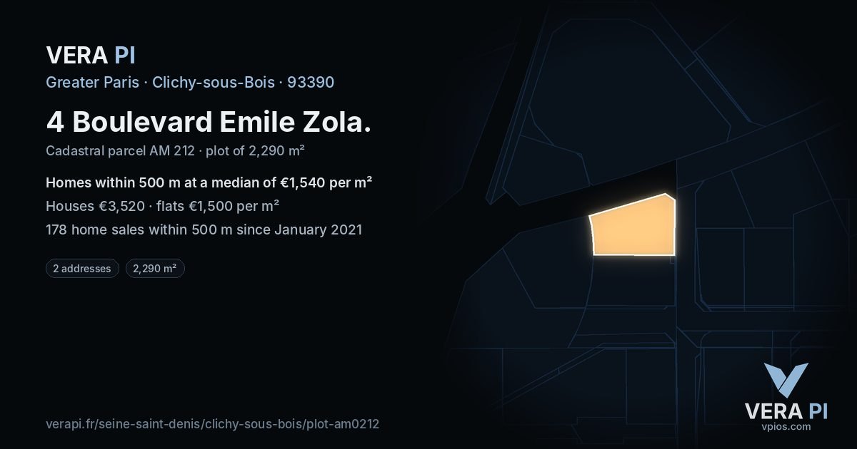 4 Boulevard Emile Zola, Clichy-sous-Bois at night – the plot lit, the parcels around coloured by the prices near them