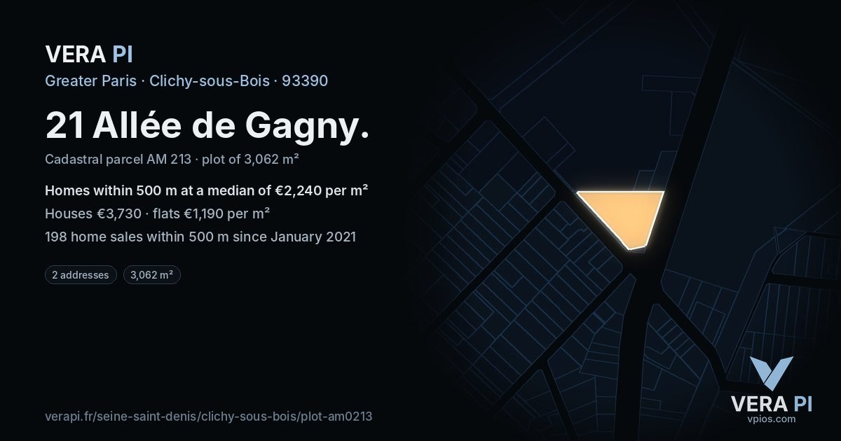 21 Allée de Gagny, Clichy-sous-Bois at night – the plot lit, the parcels around coloured by the prices near them