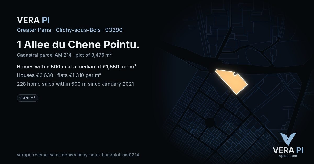 1 Allee du Chene Pointu, Clichy-sous-Bois at night – the plot lit, the parcels around coloured by the prices near them