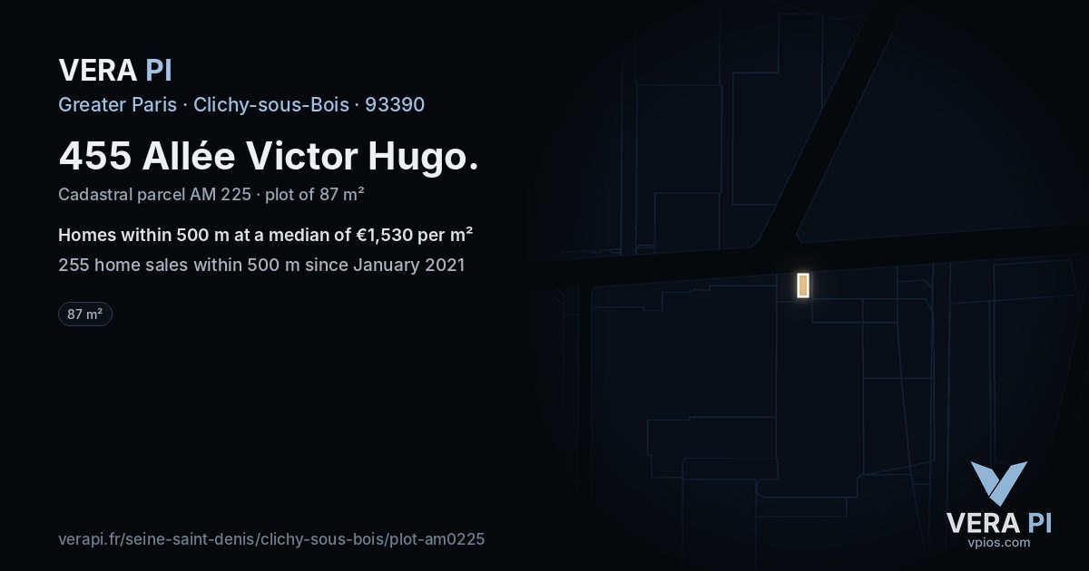 455 Allée Victor Hugo, Clichy-sous-Bois at night – the plot lit, the parcels around coloured by the prices near them