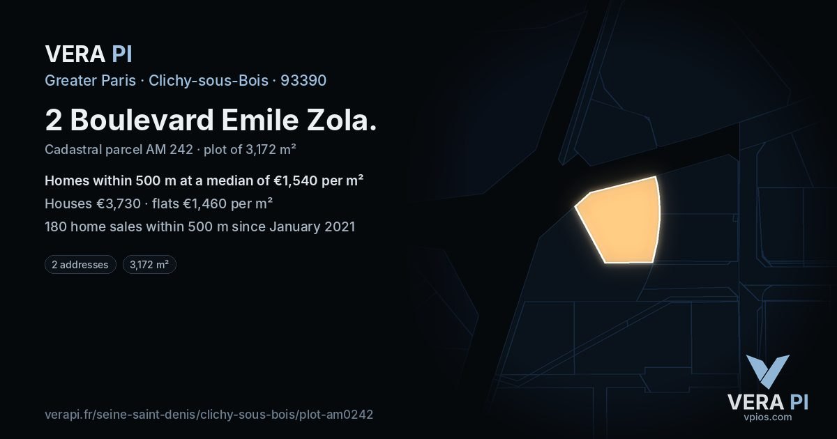 2 Boulevard Emile Zola, Clichy-sous-Bois at night – the plot lit, the parcels around coloured by the prices near them