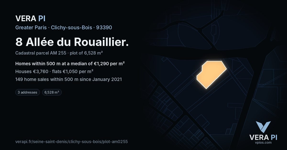 8 Allée du Rouaillier, Clichy-sous-Bois at night – the plot lit, the parcels around coloured by the prices near them