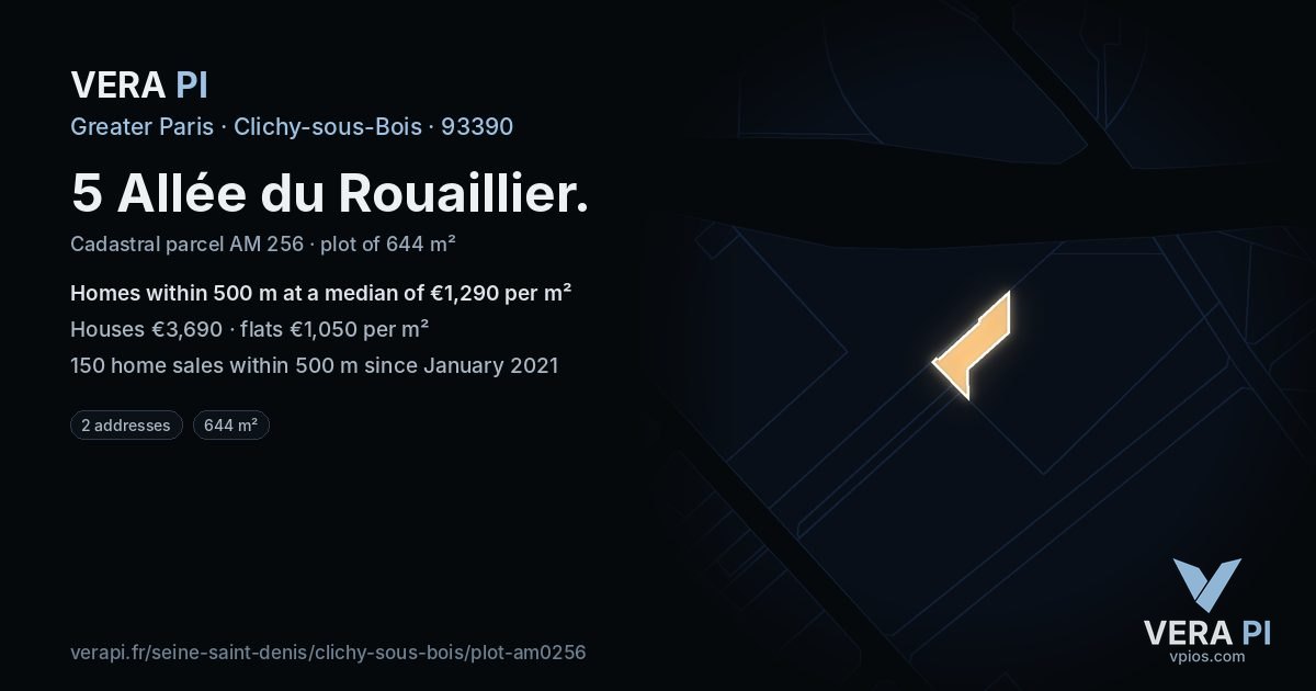 5 Allée du Rouaillier, Clichy-sous-Bois at night – the plot lit, the parcels around coloured by the prices near them