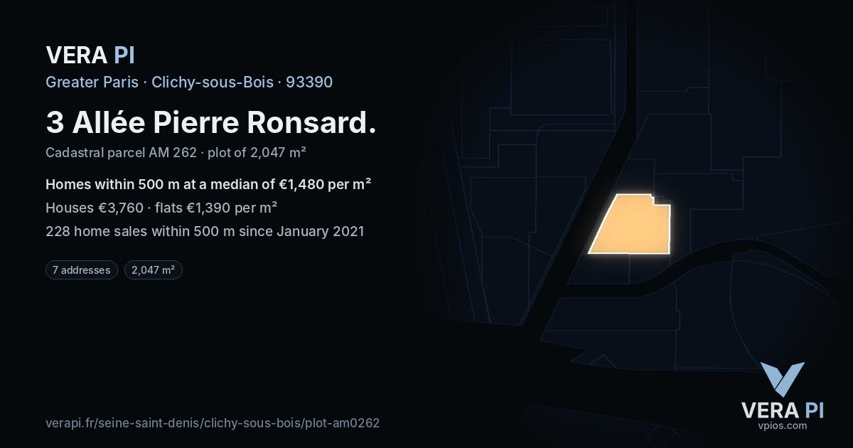 3 Allée Pierre Ronsard, Clichy-sous-Bois at night – the plot lit, the parcels around coloured by the prices near them