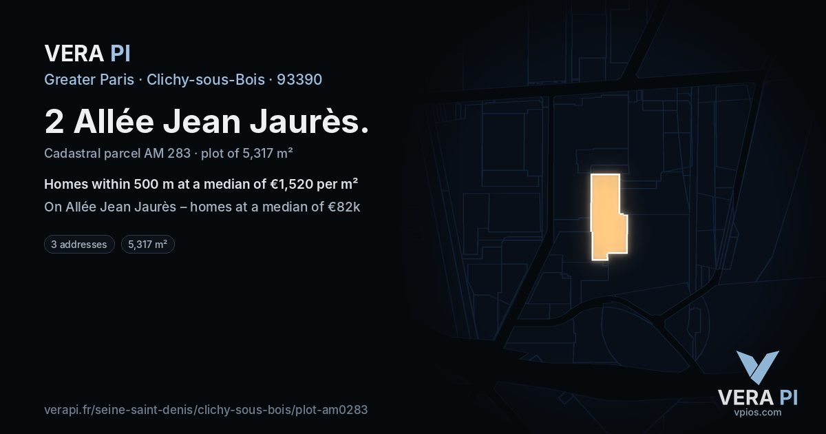 2 Allée Jean Jaurès, Clichy-sous-Bois at night – the plot lit, the parcels around coloured by the prices near them