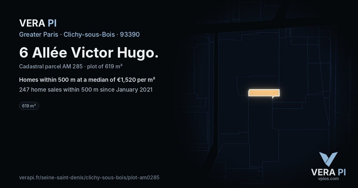 6 Allée Victor Hugo, Clichy-sous-Bois at night – the plot lit, the parcels around coloured by the prices near them