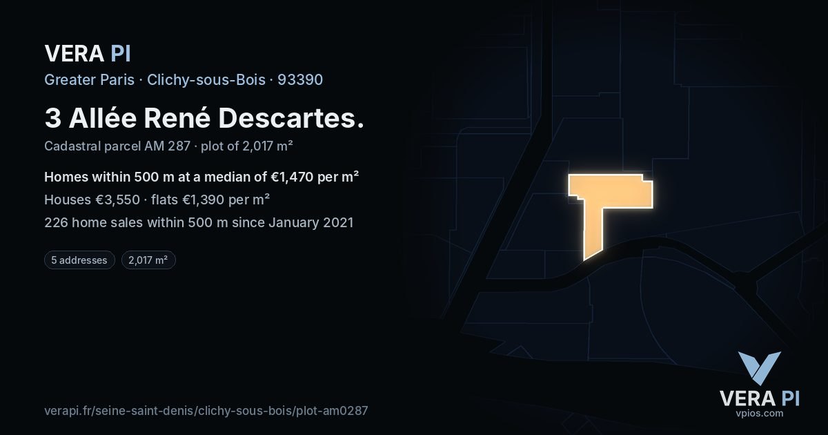 3 Allée René Descartes, Clichy-sous-Bois at night – the plot lit, the parcels around coloured by the prices near them