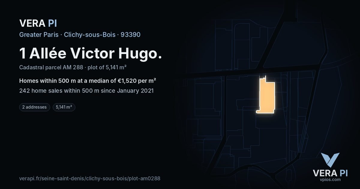 1 Allée Victor Hugo, Clichy-sous-Bois at night – the plot lit, the parcels around coloured by the prices near them