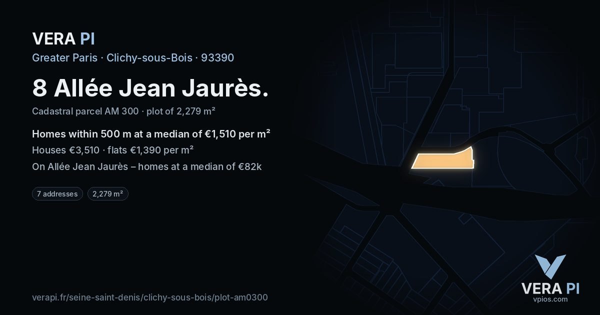8 Allée Jean Jaurès, Clichy-sous-Bois at night – the plot lit, the parcels around coloured by the prices near them