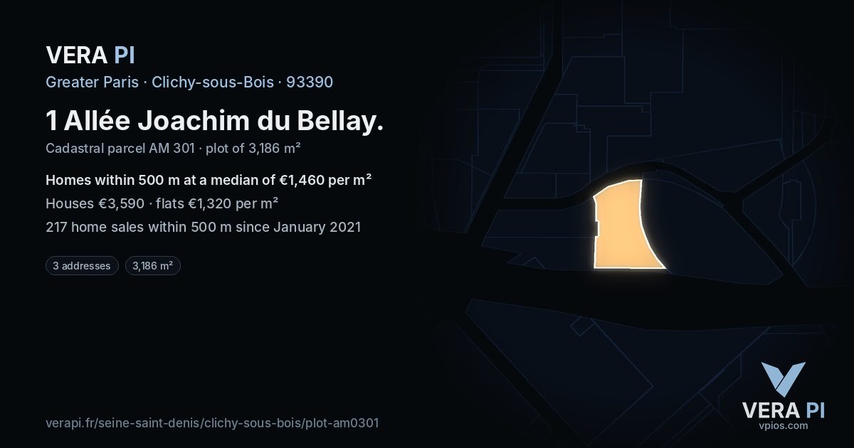1 Allée Joachim du Bellay, Clichy-sous-Bois at night – the plot lit, the parcels around coloured by the prices near them
