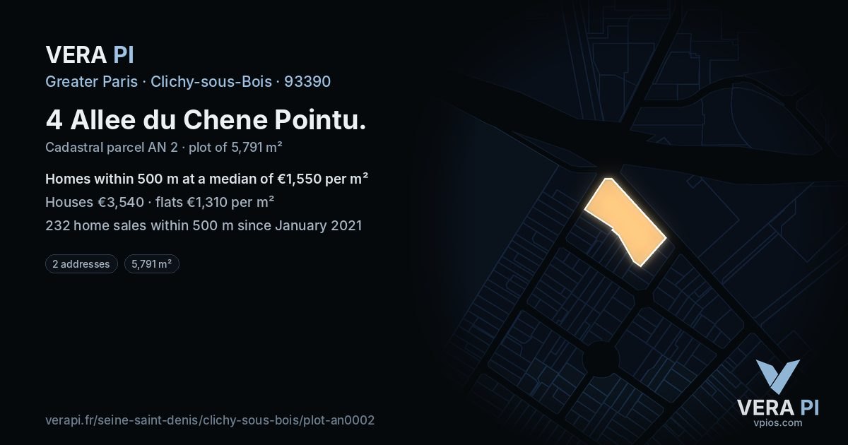 4 Allee du Chene Pointu, Clichy-sous-Bois at night – the plot lit, the parcels around coloured by the prices near them
