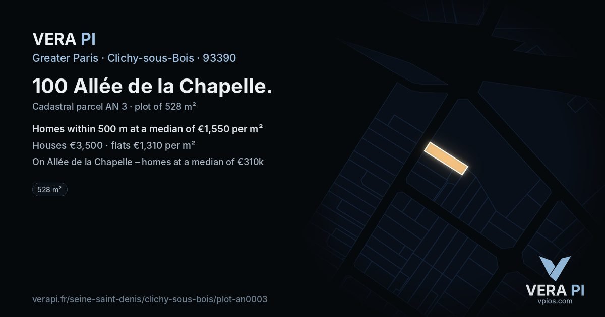 100 Allée de la Chapelle, Clichy-sous-Bois at night – the plot lit, the parcels around coloured by the prices near them