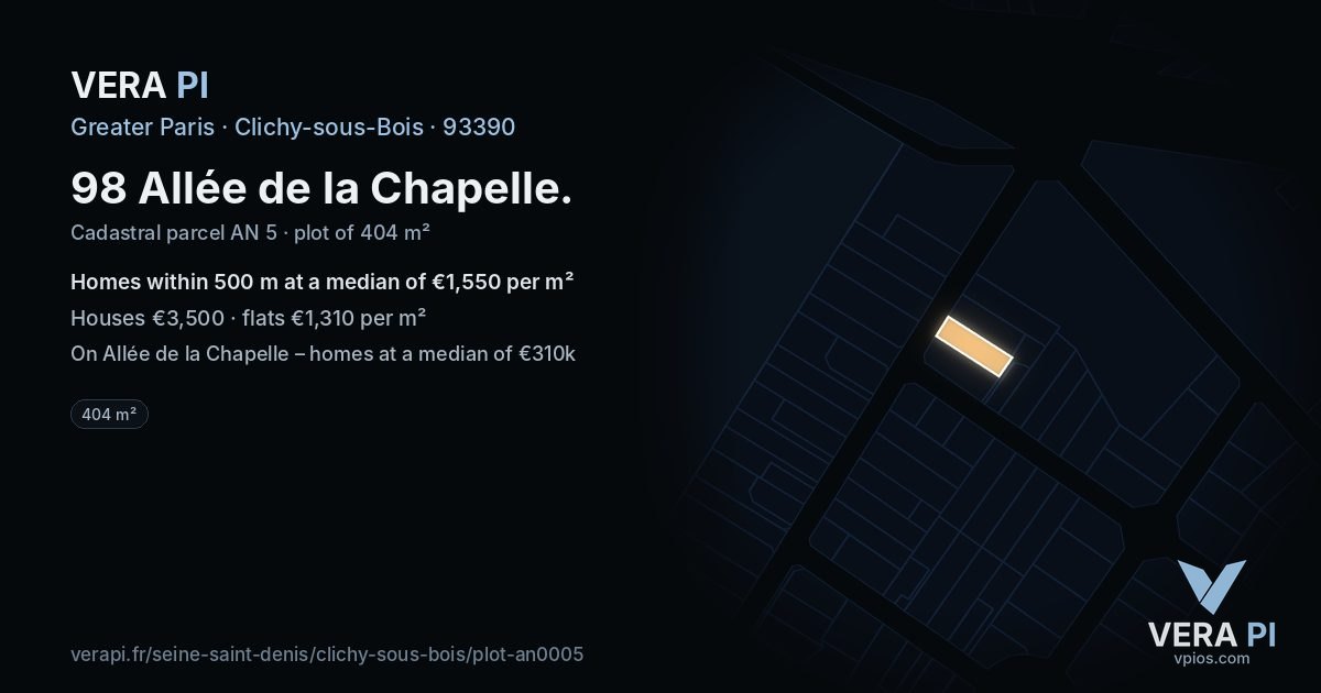 98 Allée de la Chapelle, Clichy-sous-Bois at night – the plot lit, the parcels around coloured by the prices near them