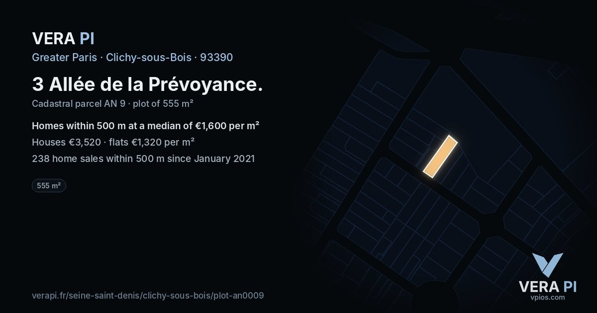 3 Allée de la Prévoyance, Clichy-sous-Bois at night – the plot lit, the parcels around coloured by the prices near them