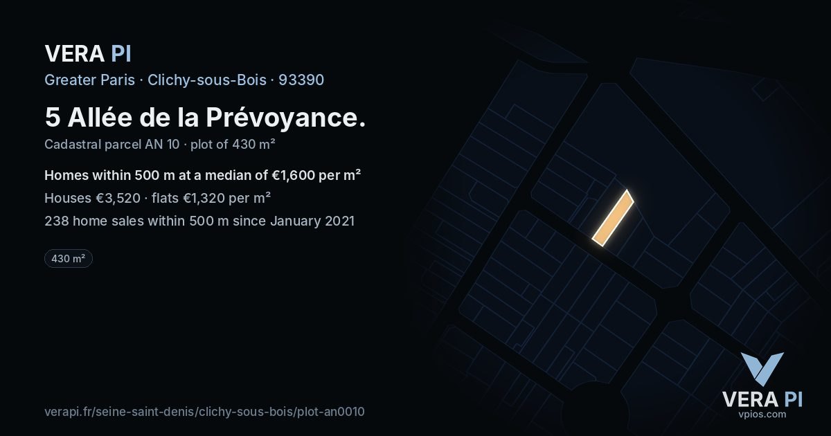 5 Allée de la Prévoyance, Clichy-sous-Bois at night – the plot lit, the parcels around coloured by the prices near them