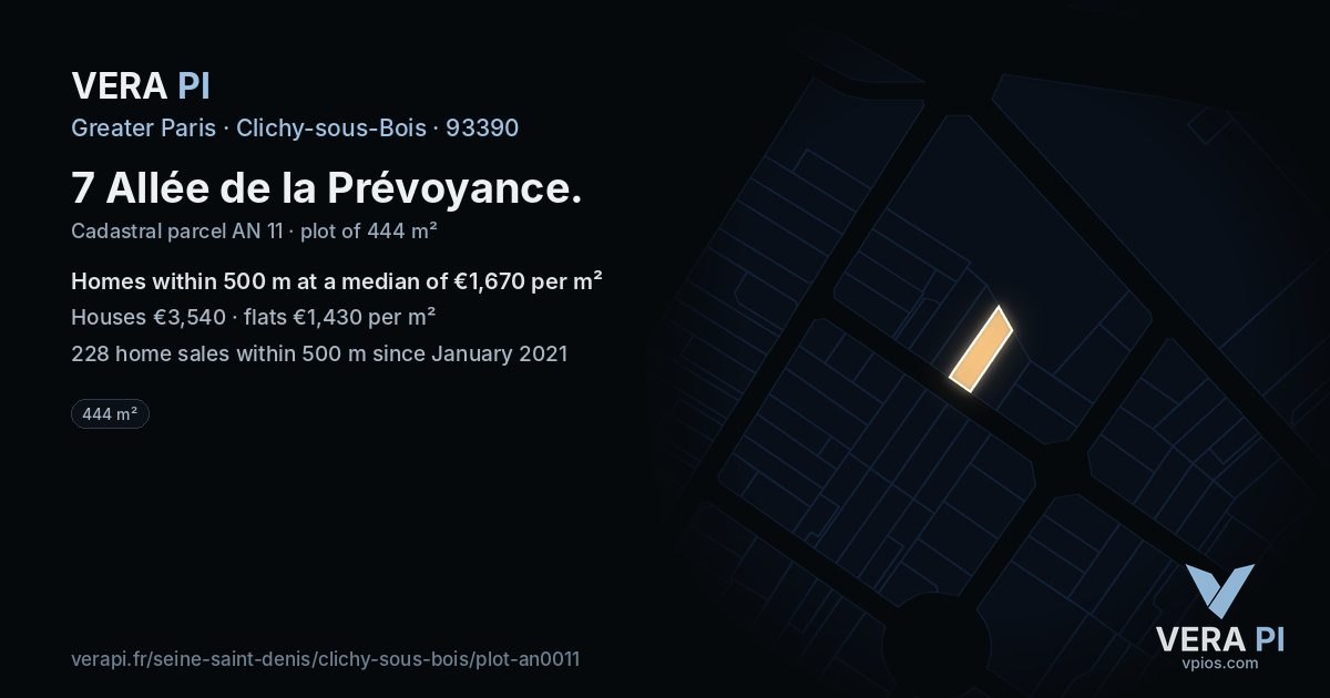 7 Allée de la Prévoyance, Clichy-sous-Bois at night – the plot lit, the parcels around coloured by the prices near them