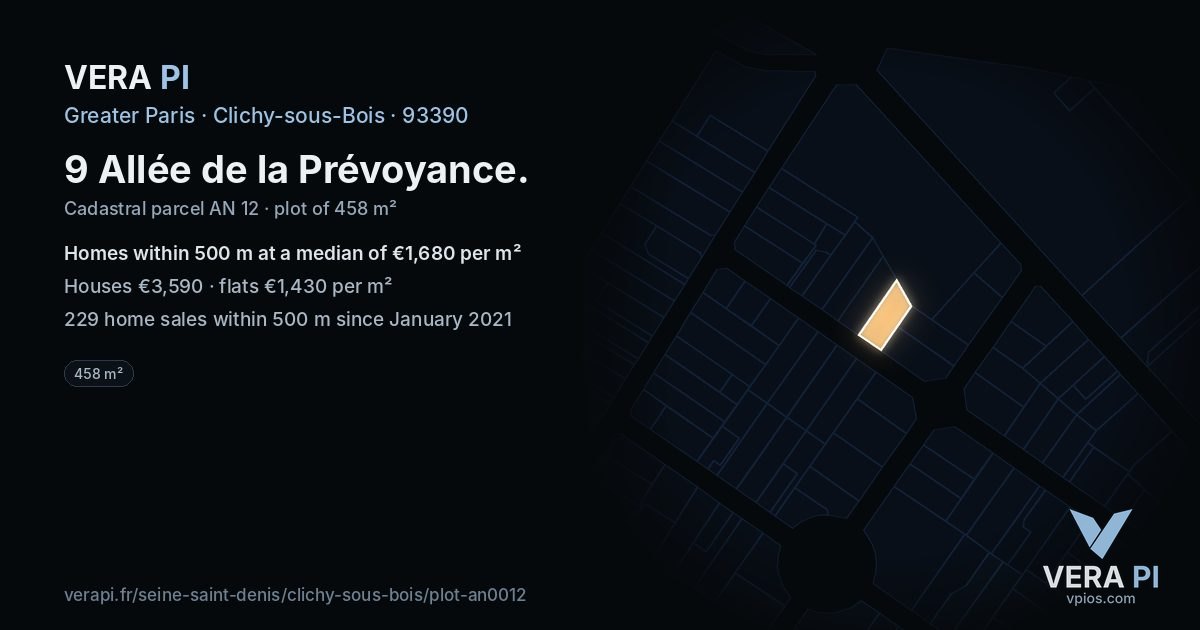 9 Allée de la Prévoyance, Clichy-sous-Bois at night – the plot lit, the parcels around coloured by the prices near them