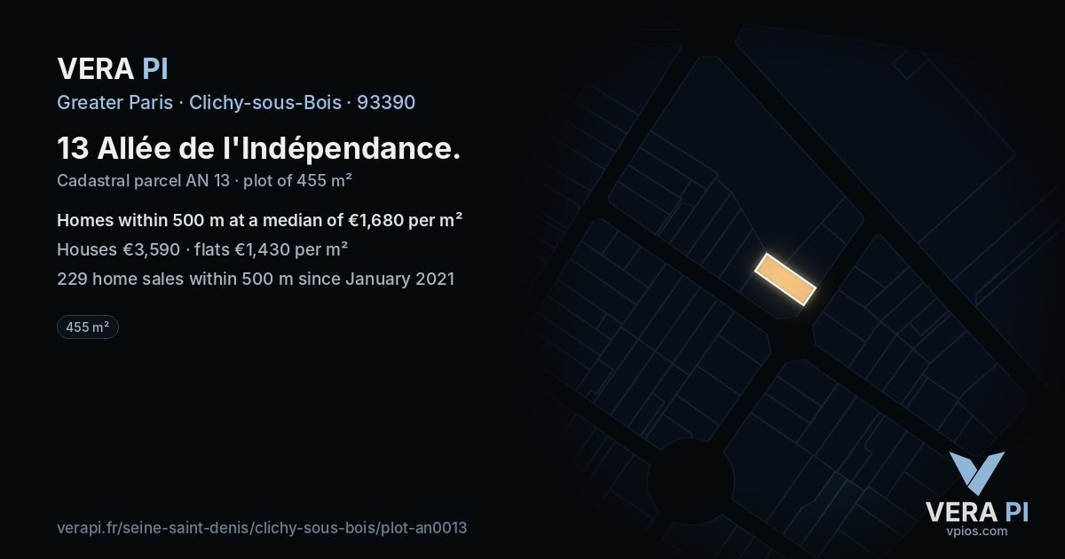 13 Allée de l'Indépendance, Clichy-sous-Bois at night – the plot lit, the parcels around coloured by the prices near them