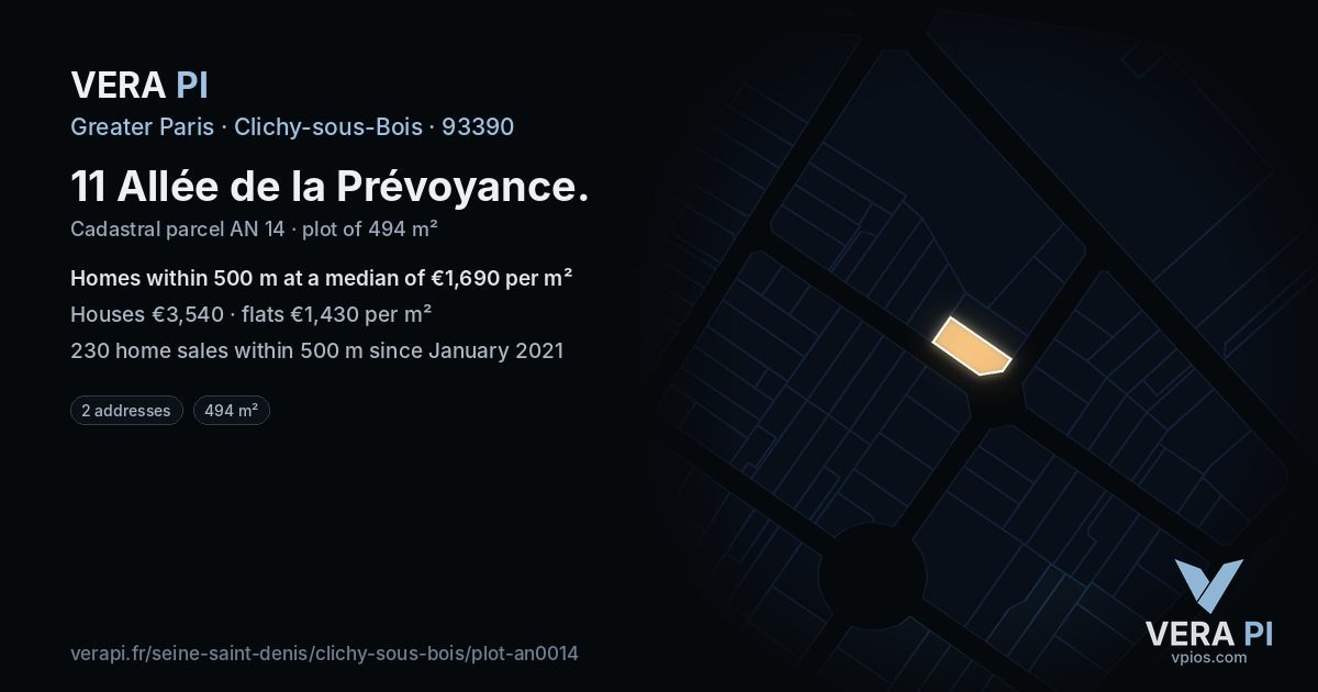11 Allée de la Prévoyance, Clichy-sous-Bois at night – the plot lit, the parcels around coloured by the prices near them