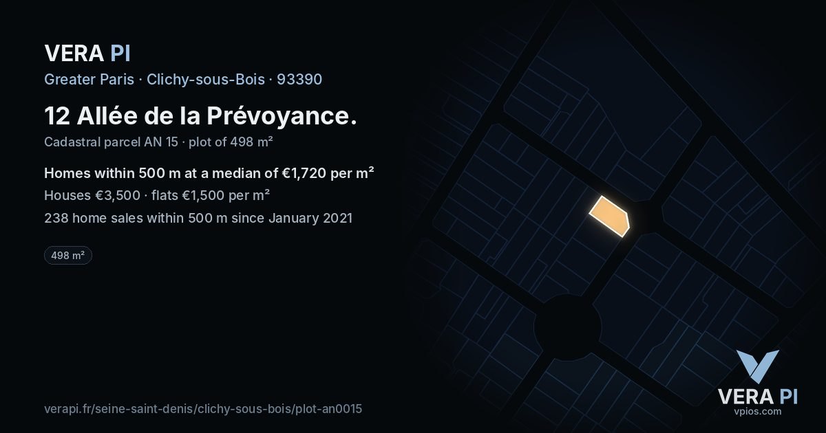 12 Allée de la Prévoyance, Clichy-sous-Bois at night – the plot lit, the parcels around coloured by the prices near them